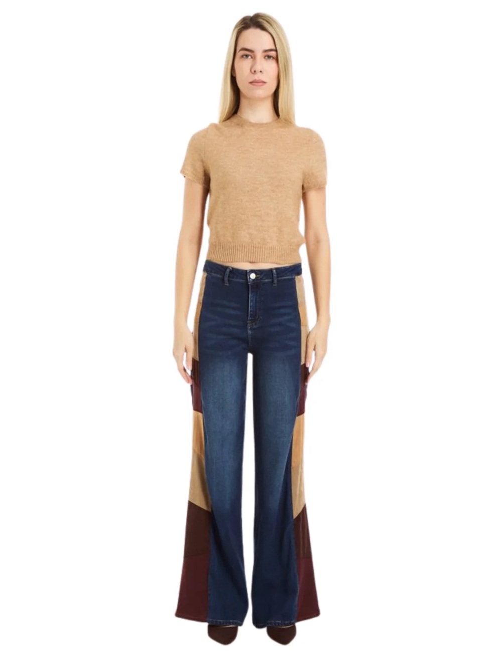 Tractr Suede Side Panel Denim Wide Leg